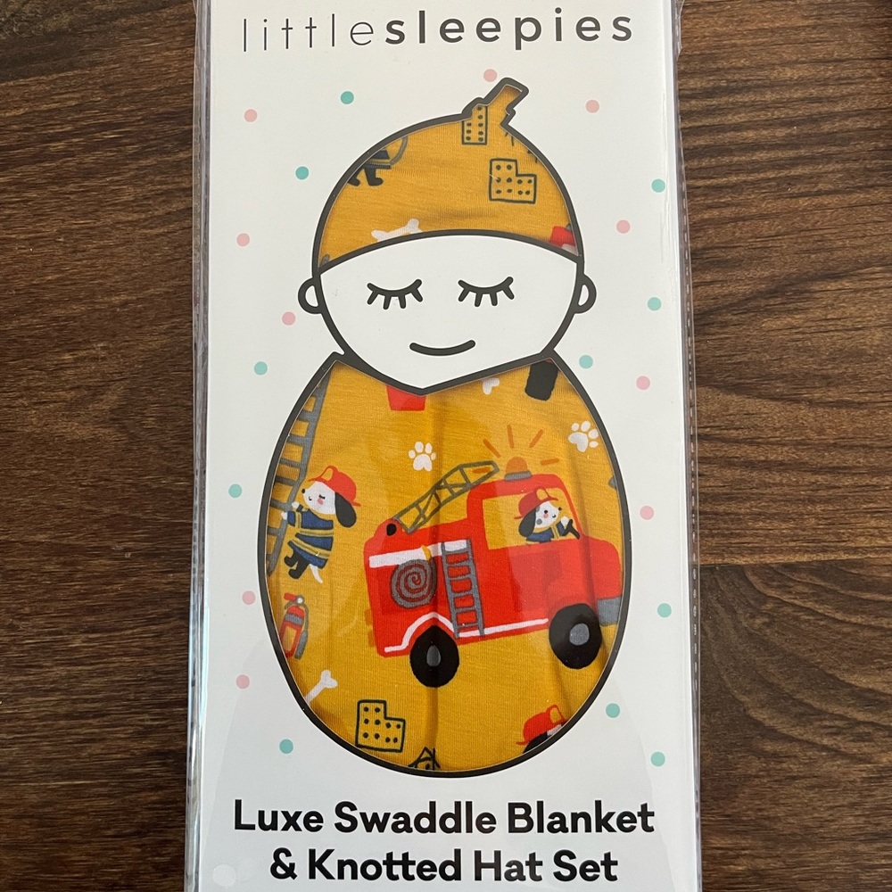 Little Sleepies firetruck pup swaddle and hat sets (2)